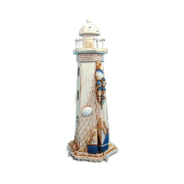 Nautical Wooden Lighthouse Beach Ornament Decoration Coastal Blue& White 